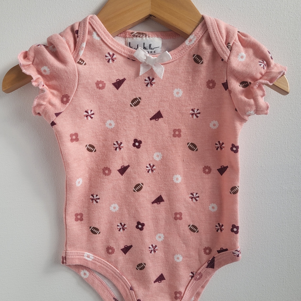 NWOT 6-9m Pink Floral And Football Patterned Ruffle Bodysuit